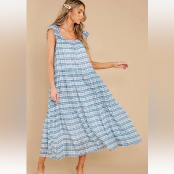 Olivia James Dresses & Skirts - Olivia James The Label Tiered Blue Plaid Oversized Maxi Dress